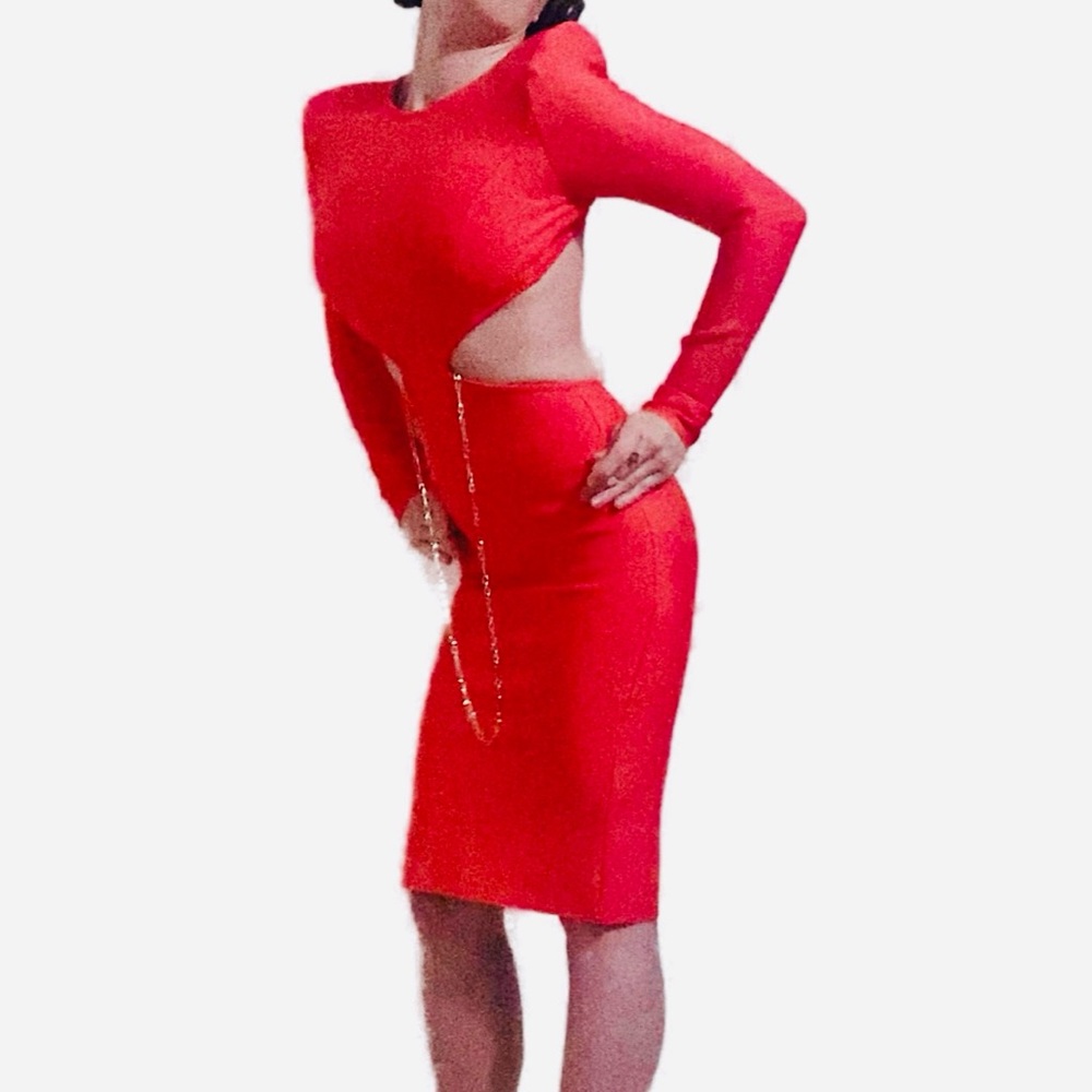 Small Hot Pink Sexy Long Sleeve Cutout Waist Evening Luxedress